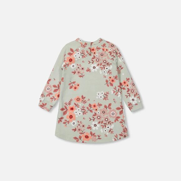 Deux Par Deux Long Sleeve Fleece Dress Sage Green With Flower Print - Picture 2 of 6